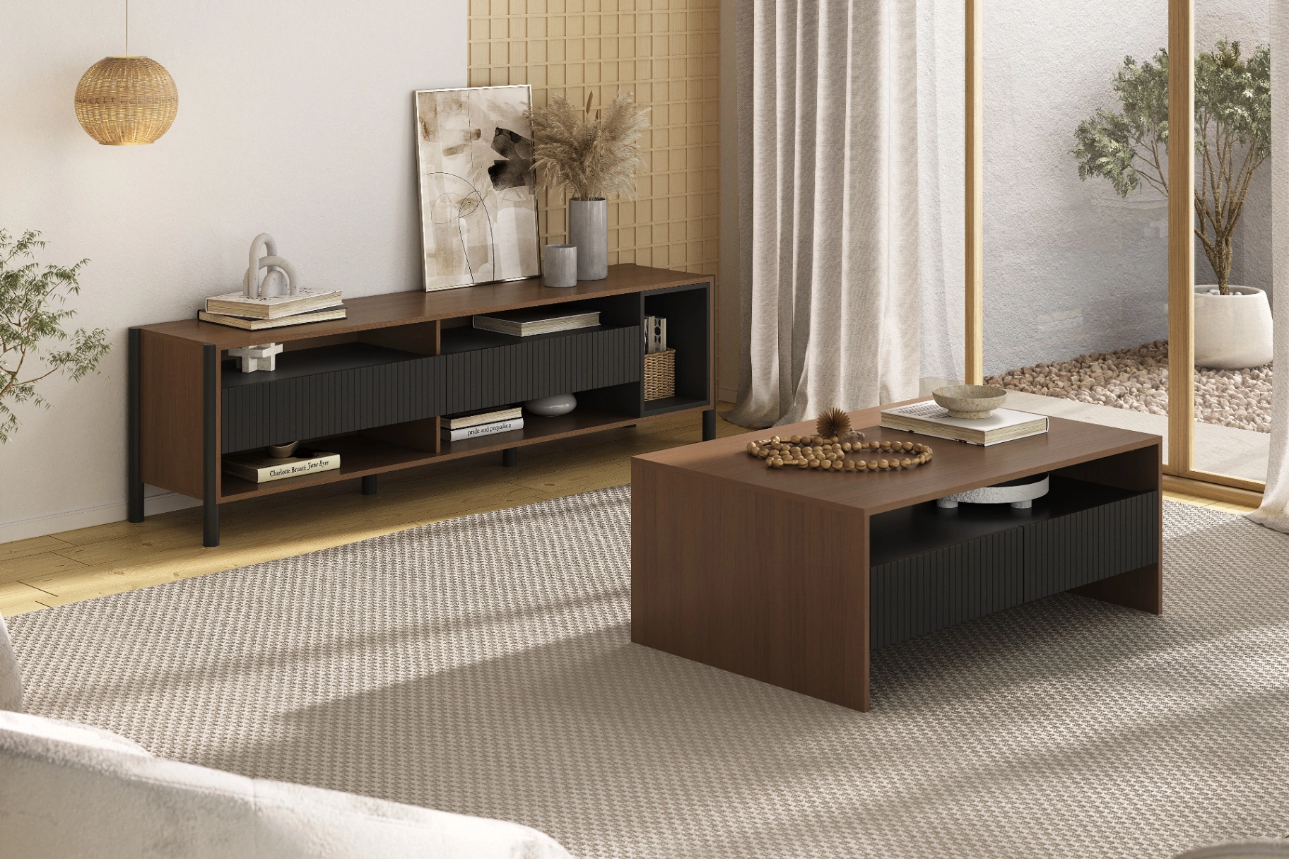 Ambientes premium Multimóveis: sala com rack, mesa de centro, aparador e espelho